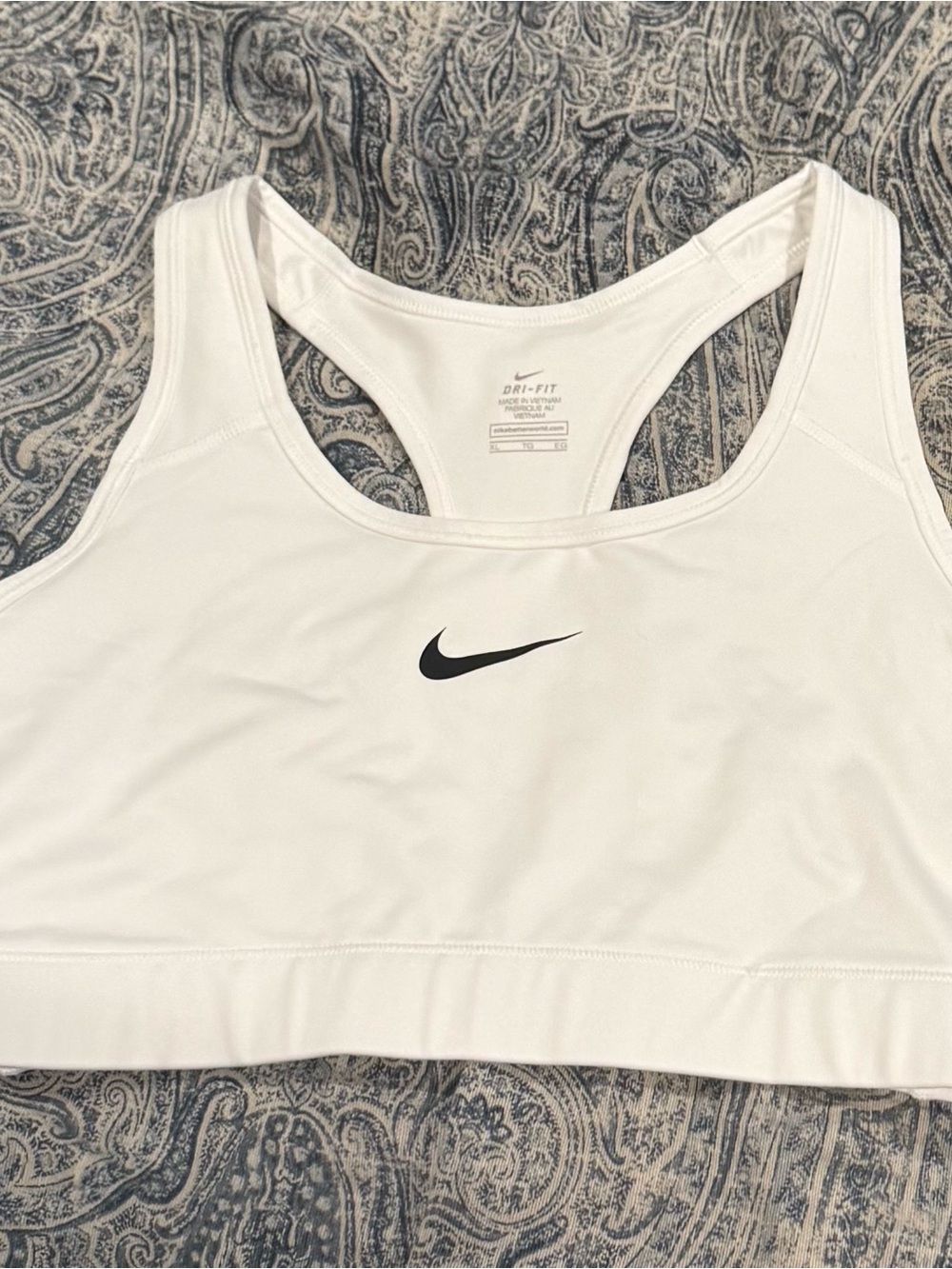 Nike White Dri-FIT Racerback Sports Bra with Black Swoosh